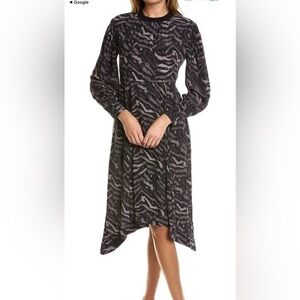 All Saints Fayre Remix Animal Printed Long Sleeve Black Handkerchief Midi Dress‎